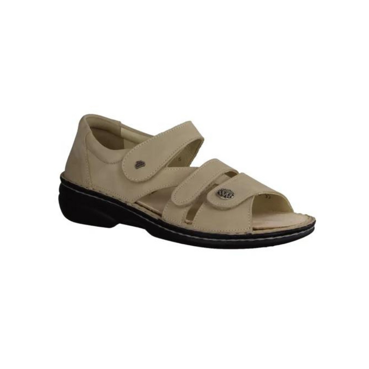 Finn Comfort Biella Ladies Leather Sandals with Three-Way Adjustable Velcro Straps, Heel Counter for Support, Removable Arch Support Insoles, and Shock Absorbing Footbed. Suitable for Bunion, Plantar Fasciitis,  Heel and Arch Pain (Beige)