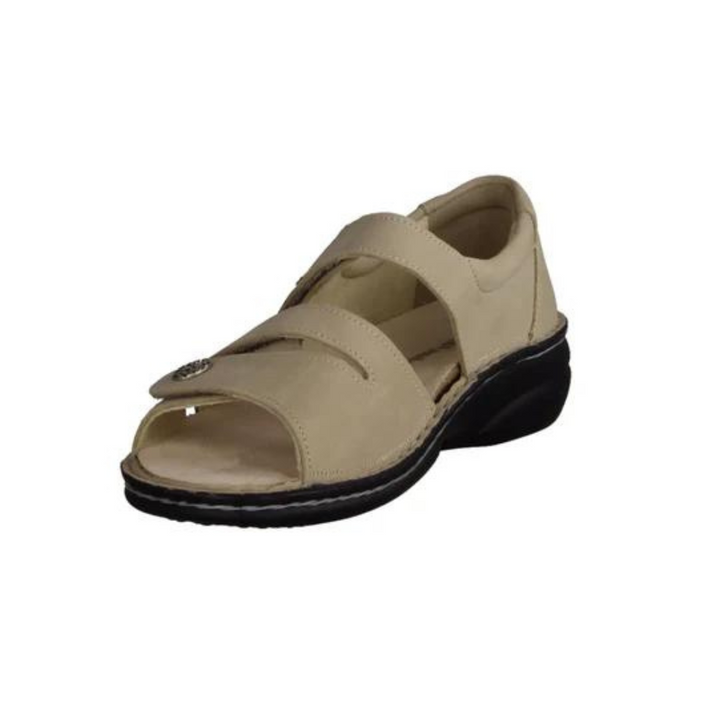 Finn Comfort Biella Ladies Leather Sandals with Three-Way Adjustable Velcro Straps, Heel Counter for Support, Removable Arch Support Insoles, and Shock Absorbing Footbed. Suitable for Bunion, Plantar Fasciitis,  Heel and Arch Pain (Beige)