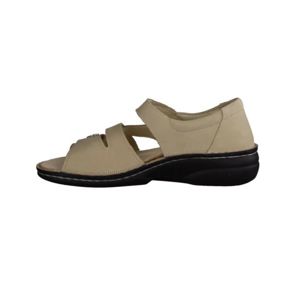 Finn Comfort Biella Ladies Leather Sandals with Three-Way Adjustable Velcro Straps, Heel Counter for Support, Removable Arch Support Insoles, and Shock Absorbing Footbed. Suitable for Bunion, Plantar Fasciitis,  Heel and Arch Pain (Beige)