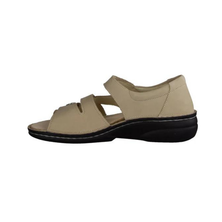 Finn Comfort Biella Ladies Leather Sandals with Three-Way Adjustable Velcro Straps, Heel Counter for Support, Removable Arch Support Insoles, and Shock Absorbing Footbed. Suitable for Bunion, Plantar Fasciitis,  Heel and Arch Pain (Beige)
