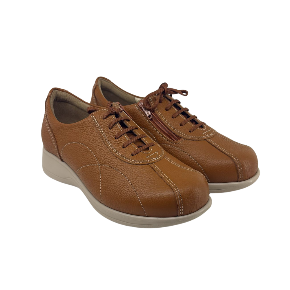 Arch Angel Annika 6303 Ladies Lightweight Everyday Sneakers with Side Zipper, Premium Orthotic Arch Support Insole, Smart Comfort Walking Shoe (Cognac)