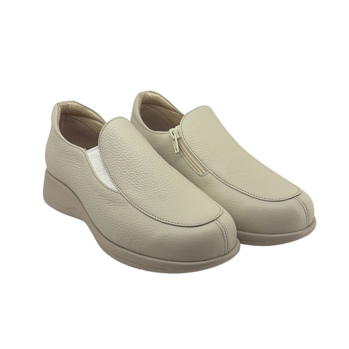Arch Angel Annika 747 Ladies Leather Slip-On Shoes with Side Zipper & Elastic Panels, Extra-Wide Comfort Fit, Versatile Everyday Walking Shoe (Beige)