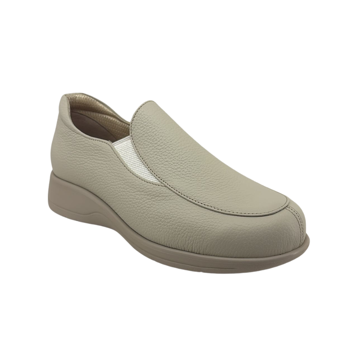 Arch Angel Annika 747 Ladies Leather Slip-On Shoes with Side Zipper & Elastic Panels, Extra-Wide Comfort Fit, Versatile Everyday Walking Shoe (Beige)