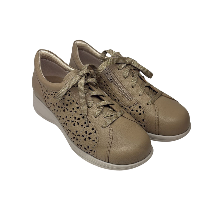 Arch Angel Annika 738 Ladies Leather Lace-Up Shoes with Easy Side Zipper, Contoured Arch Support Insole, Anti-Slip Heel & Tripping Prevention, Timeless Comfort Fit (Taupe)