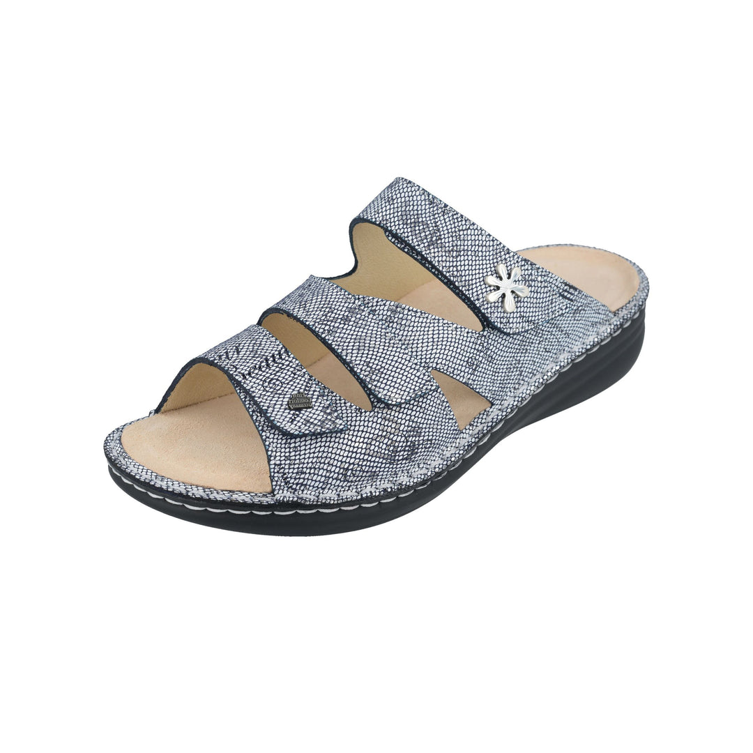 Finn Comfort Grenada Slip-on Leather Sandals with Three-Way Adjustable Velcro Straps, Removable Arch Support Insoles, and  Soft Shock Absorbing Footbed. Suitable for Bunion, Heel and Arch Pain (Blue)