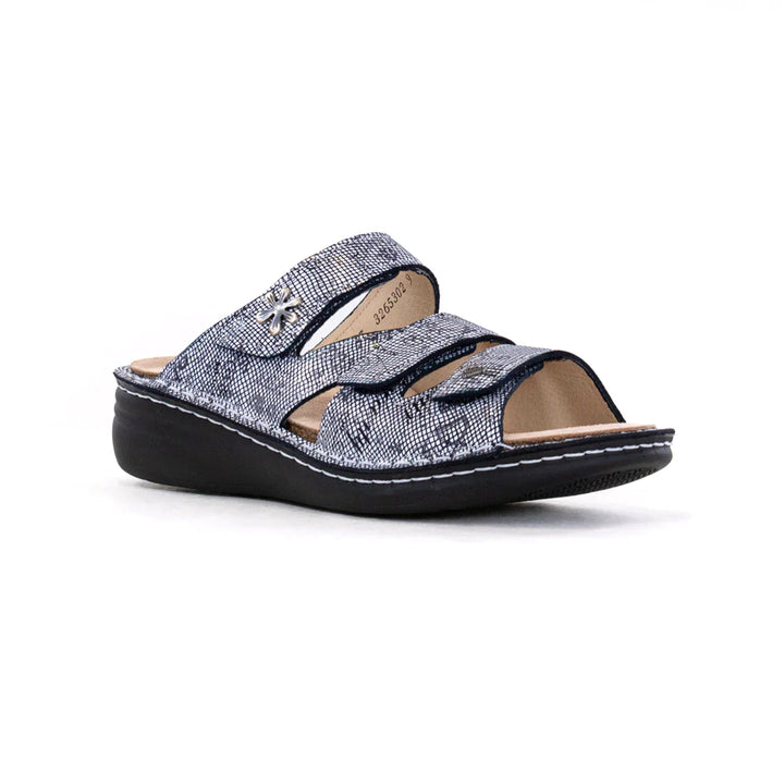 Finn Comfort Grenada Slip-on Leather Sandals with Three-Way Adjustable Velcro Straps, Removable Arch Support Insoles, and  Soft Shock Absorbing Footbed. Suitable for Bunion, Heel and Arch Pain (Blue)