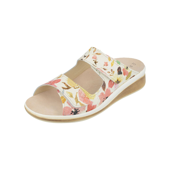 Finn Comfort Morelia Slip-on Leather Sandals with Two-Way Adjustable Velcro Straps, Removable Arch Support Insoles, and Shock Absorbing Footbed. Suitable for Bunion, Heel and Arch Pain (Floral)