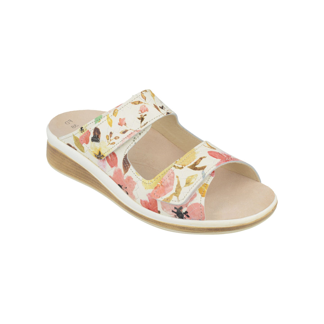Finn Comfort Morelia Slip-on Leather Sandals with Two-Way Adjustable Velcro Straps, Removable Arch Support Insoles, and Shock Absorbing Footbed. Suitable for Bunion, Heel and Arch Pain (Floral)