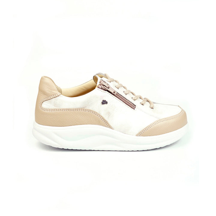 Finn Comfort Otaru Leather Lace/Zip Sneakers. Removable Arch Support Insoles, and Shock Absorbing Footbed. Suitable for Bunions, Heel and Arch Pain (White)