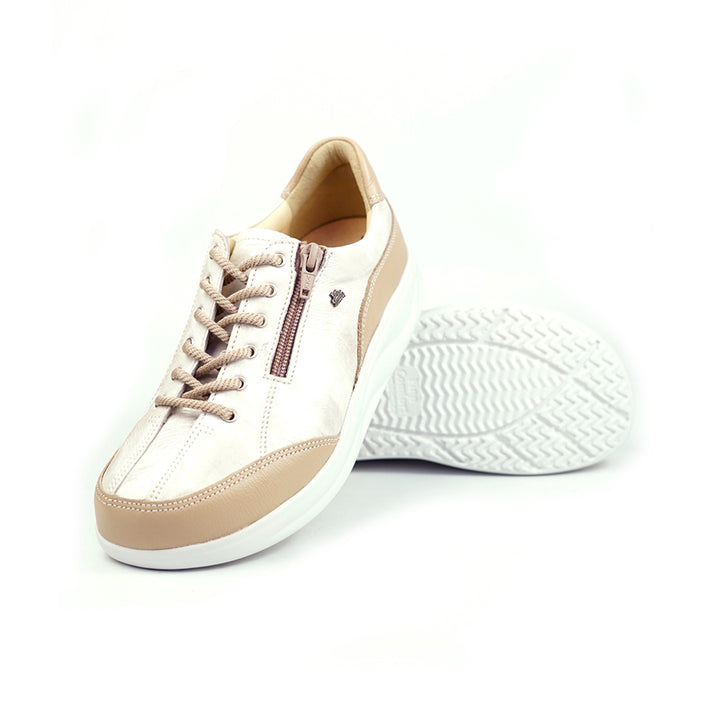 Finn Comfort Otaru Leather Lace/Zip Sneakers. Removable Arch Support Insoles, and Shock Absorbing Footbed. Suitable for Bunions, Heel and Arch Pain (White)