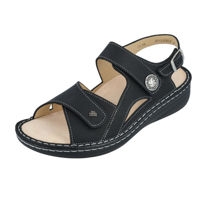 Finn Comfort Barbuda Ladies Leather Sandal With Dual Adjustable Straps, Removable Footbed, And Flexible Pu Sole. Suitable For Bunion, Heel And Arch Pain (Black)