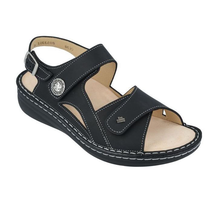 Finn Comfort Barbuda Ladies Leather Sandal With Dual Adjustable Straps, Removable Footbed, And Flexible Pu Sole. Suitable For Bunion, Heel And Arch Pain (Black)