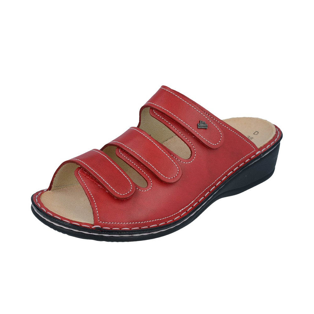 Finn Comfort Pisa Ladies Sandal With Triple Adjustable Straps, Hand-Stitched Leather Upper, And Flexible Pu Sole. Suitable For Bunion, Heel And Arch Pain (Red / Bordeux)