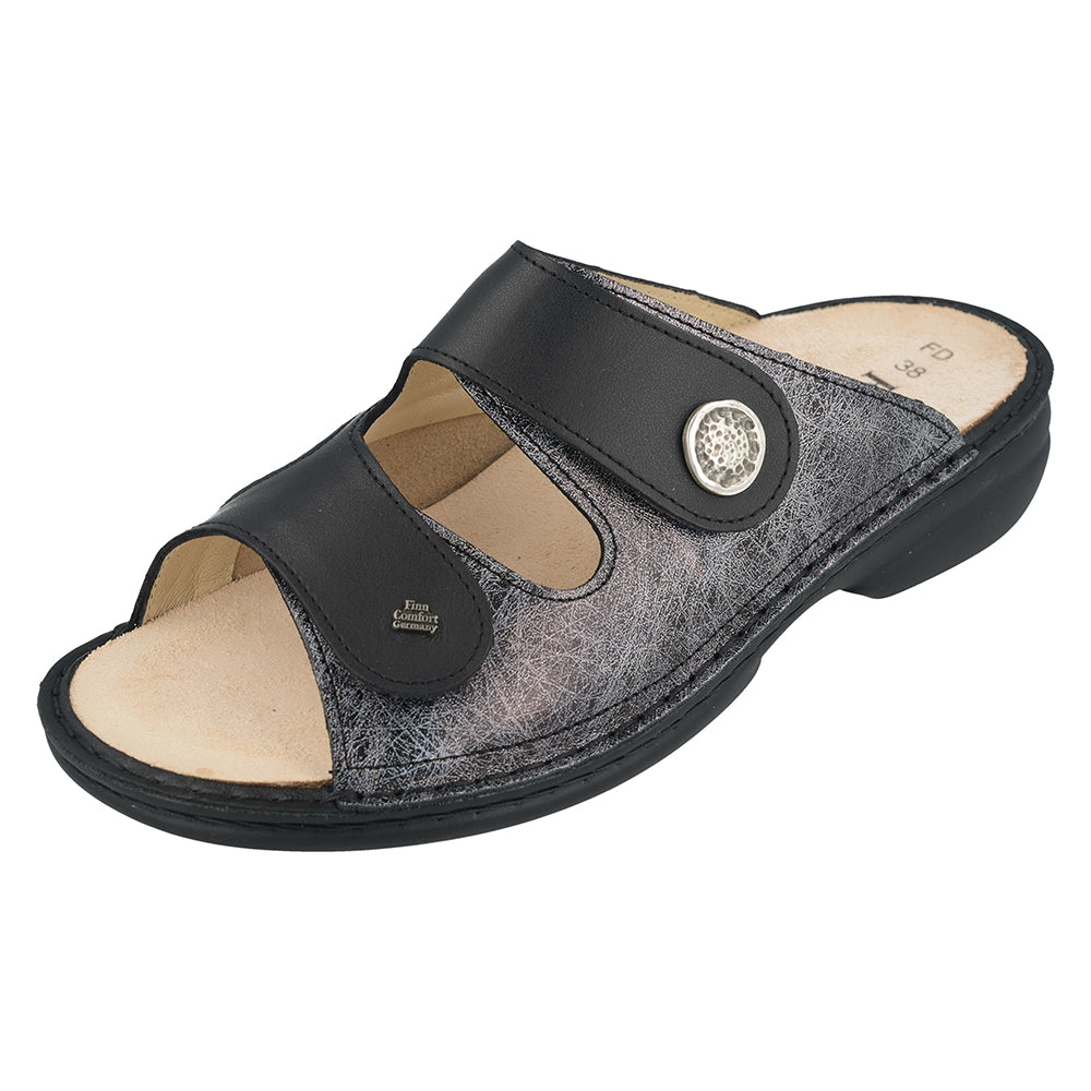 Finn Comfort Zeno Ladies Sandal With Dual Adjustable Straps, Removable Footbed, And Flexible Hand-Stitched Pu Sole.  Suitable For Diabetic Feet, Bunion, Heel And Arch Pain (Black & Gold)