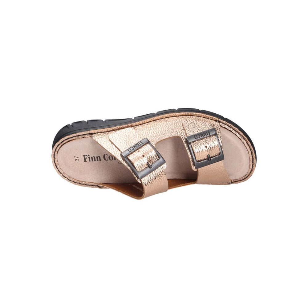 Finn Comfort Cayman-S Ladies Leather Sandal With Dual Adjustable Straps, Removable Cork Footbed, Arch Support, And Flexible PU Sole. Handmade In Germany For All-Day Comfort (Gold)
