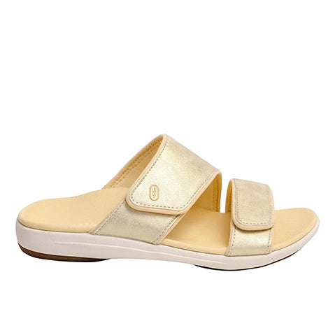 Revitalign Kholo Nuevo Metallic Women’s Slip-On Sandals with Orthotic Arch Support, Adjustable Straps, Low Heel & Full Contact Comfort Footbed (Gold)