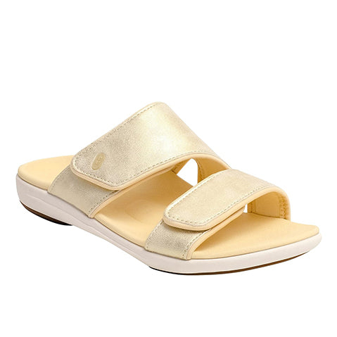 Revitalign Kholo Nuevo Metallic Women’s Slip-On Sandals with Orthotic Arch Support, Adjustable Straps, Low Heel & Full Contact Comfort Footbed (Gold)
