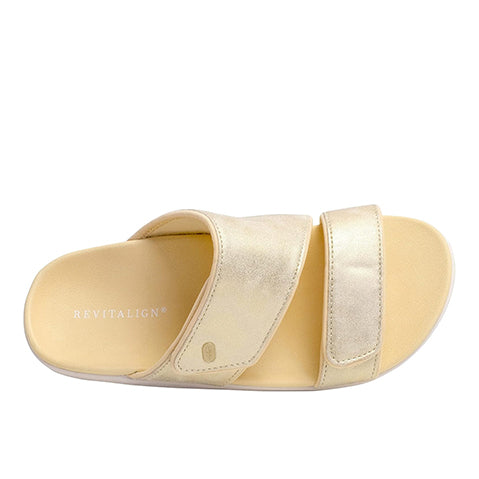 Revitalign Kholo Nuevo Metallic Women’s Slip-On Sandals with Orthotic Arch Support, Adjustable Straps, Low Heel & Full Contact Comfort Footbed (Gold)