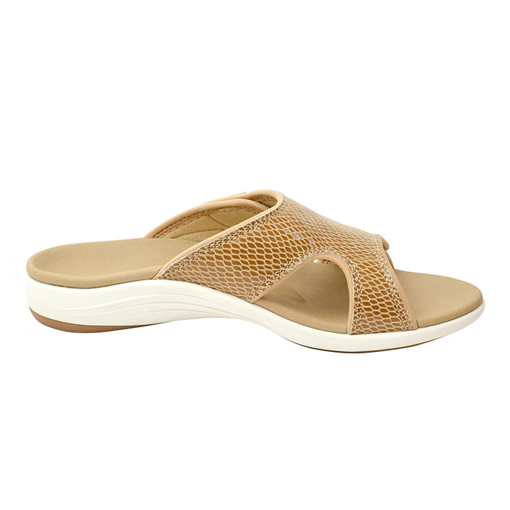 Revitalign Kholo Gecko Women’s Low-Heel Sandals with Exotic Leather-Like Print, Adjustable Straps & Full Contact Comfort Orthotic Footbed (Tan)