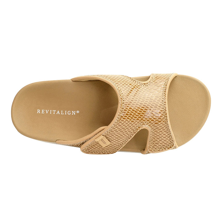 Revitalign Kholo Gecko Women’s Low-Heel Sandals with Exotic Leather-Like Print, Adjustable Straps & Full Contact Comfort Orthotic Footbed (Tan)