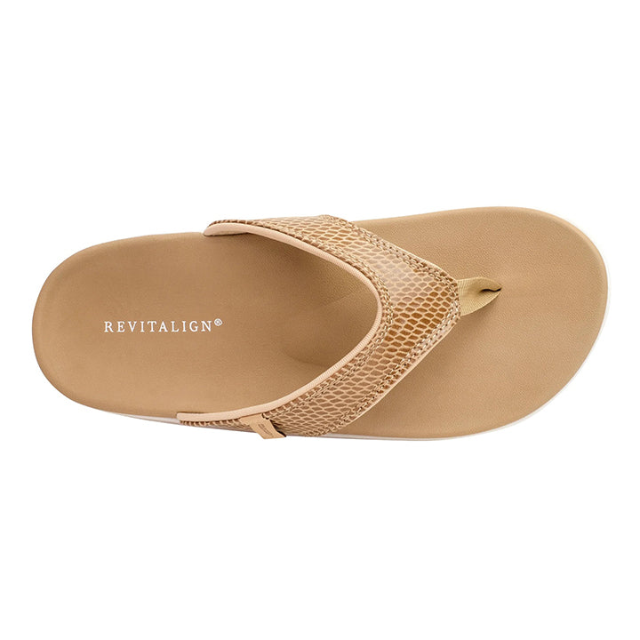 Revitalign Yumi Gecko Women’s Low-Heel Sandals with Full Contact Comfort Orthotic Footbed, Leather-Like Textured Upper & All-Day Support (Tan)