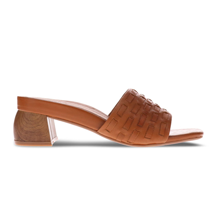 Mia Vita Yami Square-Toe Woven Leather Slide Sandal with Triple-Layer Memory Foam Cushioning and Stacked Wood-Look Heel