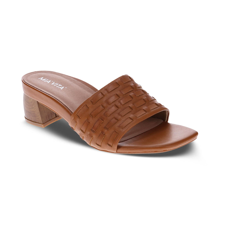 Mia Vita Yami Square-Toe Woven Leather Slide Sandal with Triple-Layer Memory Foam Cushioning and Stacked Wood-Look Heel