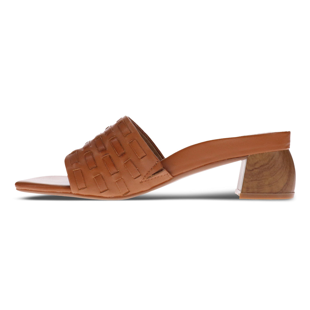 Mia Vita Yami Square-Toe Woven Leather Slide Sandal with Triple-Layer Memory Foam Cushioning and Stacked Wood-Look Heel