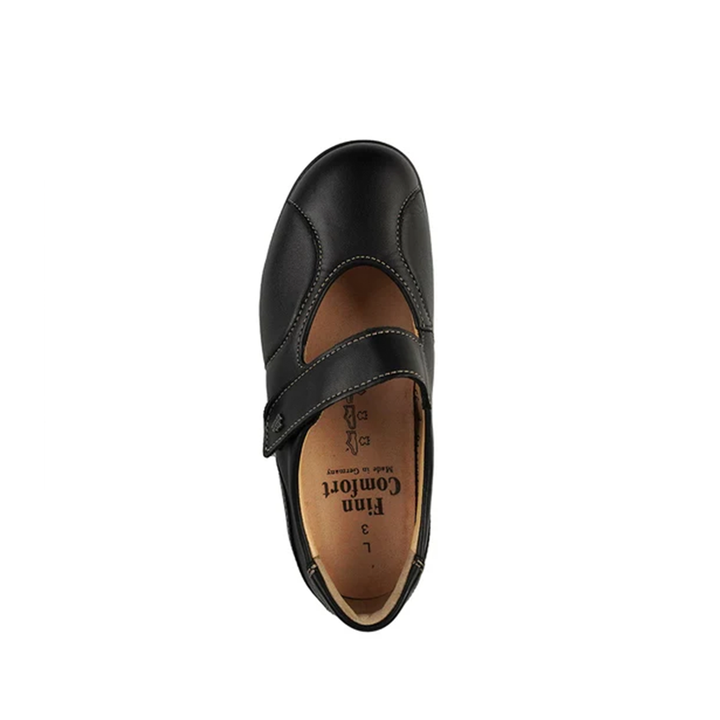 Finn Comfort Zwolle Stretch Leather Shoe with Mary-Jane strap, Removable Arch Support Insoles, and Shock Absorbing Footbed. Suitable for Bunion, Heel and Arch Pain (Black)