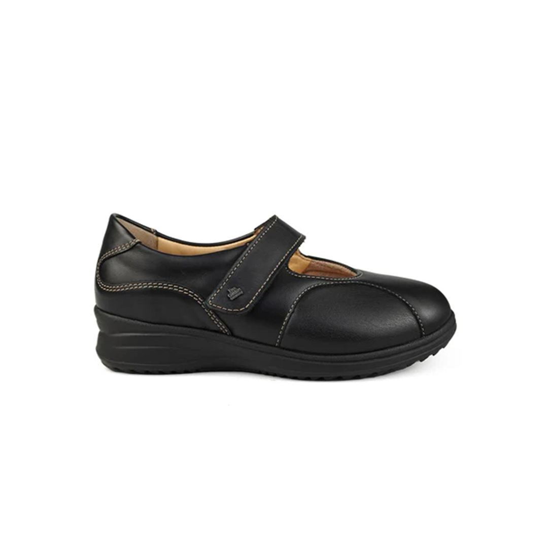 Finn Comfort Zwolle Stretch Leather Shoe with Mary-Jane strap, Removable Arch Support Insoles, and Shock Absorbing Footbed. Suitable for Bunion, Heel and Arch Pain (Black)