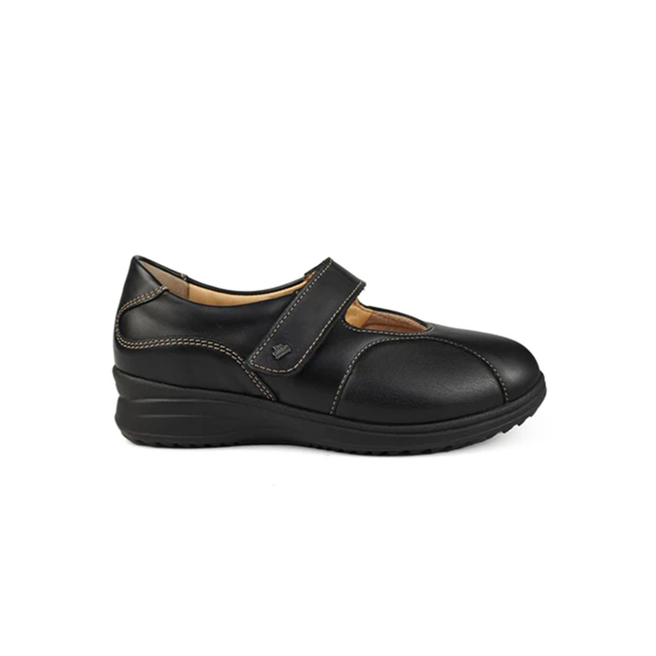 Finn Comfort Zwolle Stretch Leather Shoe with Mary-Jane strap, Removable Arch Support Insoles, and Shock Absorbing Footbed. Suitable for Bunion, Heel and Arch Pain (Black)