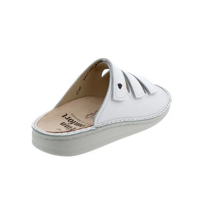 Finn Comfort Korfu Slip-On Leather Sandals With Three-Way Adjustable Velcro Straps, Removable Arch Support Insoles, And Shock Absorbing Footbed. Suitable For Bunion, Heel And Arch Pain (White)