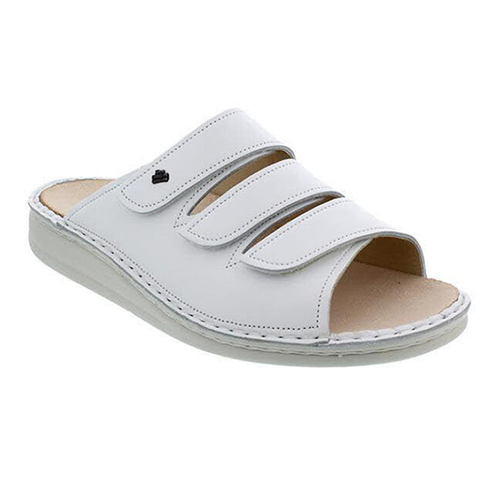 Finn Comfort Korfu Slip-On Leather Sandals With Three-Way Adjustable Velcro Straps, Removable Arch Support Insoles, And Shock Absorbing Footbed. Suitable For Bunion, Heel And Arch Pain (White)