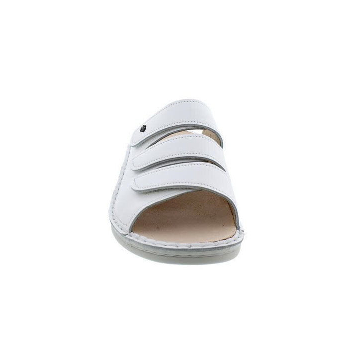Finn Comfort Korfu Slip-On Leather Sandals With Three-Way Adjustable Velcro Straps, Removable Arch Support Insoles, And Shock Absorbing Footbed. Suitable For Bunion, Heel And Arch Pain (White)