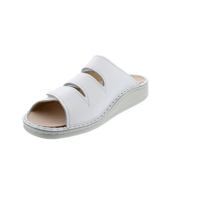 Finn Comfort Korfu Slip-On Leather Sandals With Three-Way Adjustable Velcro Straps, Removable Arch Support Insoles, And Shock Absorbing Footbed. Suitable For Bunion, Heel And Arch Pain (White)