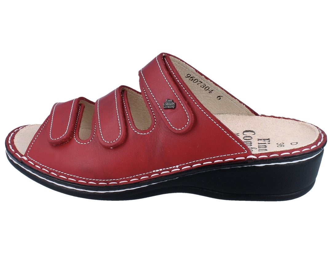 Finn Comfort Pisa Ladies Sandal With Triple Adjustable Straps, Hand-Stitched Leather Upper, And Flexible Pu Sole. Suitable For Bunion, Heel And Arch Pain (Red / Bordeux)