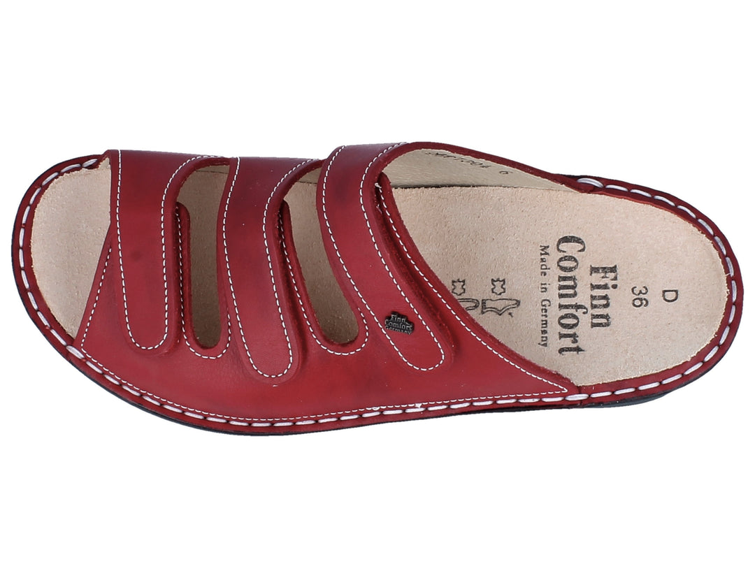 Finn Comfort Pisa Ladies Sandal With Triple Adjustable Straps, Hand-Stitched Leather Upper, And Flexible Pu Sole. Suitable For Bunion, Heel And Arch Pain (Red / Bordeux)