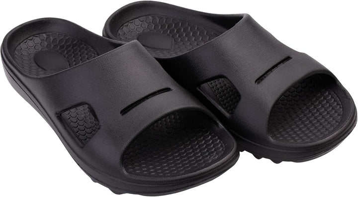 Revitalign Fusion Strive Men’s Slipper with Orthotic Arch Support, Full Contact Comfort Footbed, Deep Heel Cup & Washable Recovery Design (Black)