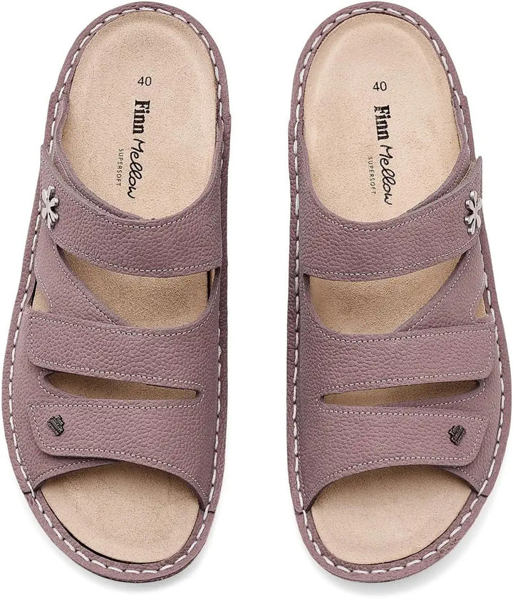 Finn Comfort Grenada Slip-on Leather Sandals with Three-Way Adjustable Velcro Straps, Removable Arch Support Insoles, and  Soft Shock Absorbing Footbed. Suitable for Bunion, Heel and Arch Pain (Rose)