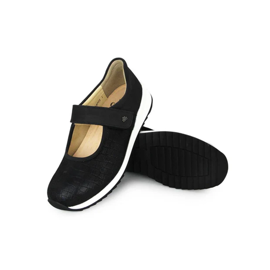 Finn Comfort Assenza Ladies Stretch Leather Shoe with Mary-Jane strap, Removable Arch Support Insoles, and Shock Absorbing Footbed. Suitable for Bunions and Hammer Toes (Black)