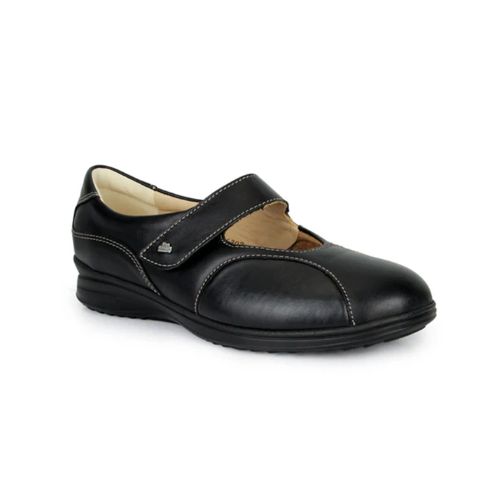 Finn Comfort Zwolle Stretch Leather Shoe with Mary-Jane strap, Removable Arch Support Insoles, and Shock Absorbing Footbed. Suitable for Bunion, Heel and Arch Pain (Black)