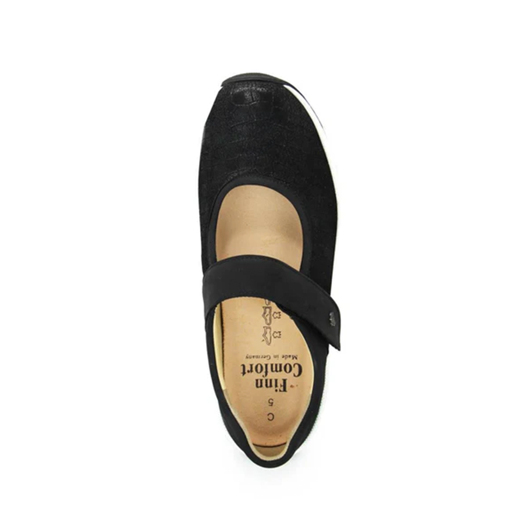 Finn Comfort Assenza Ladies Stretch Leather Shoe with Mary-Jane strap, Removable Arch Support Insoles, and Shock Absorbing Footbed. Suitable for Bunions and Hammer Toes (Black)