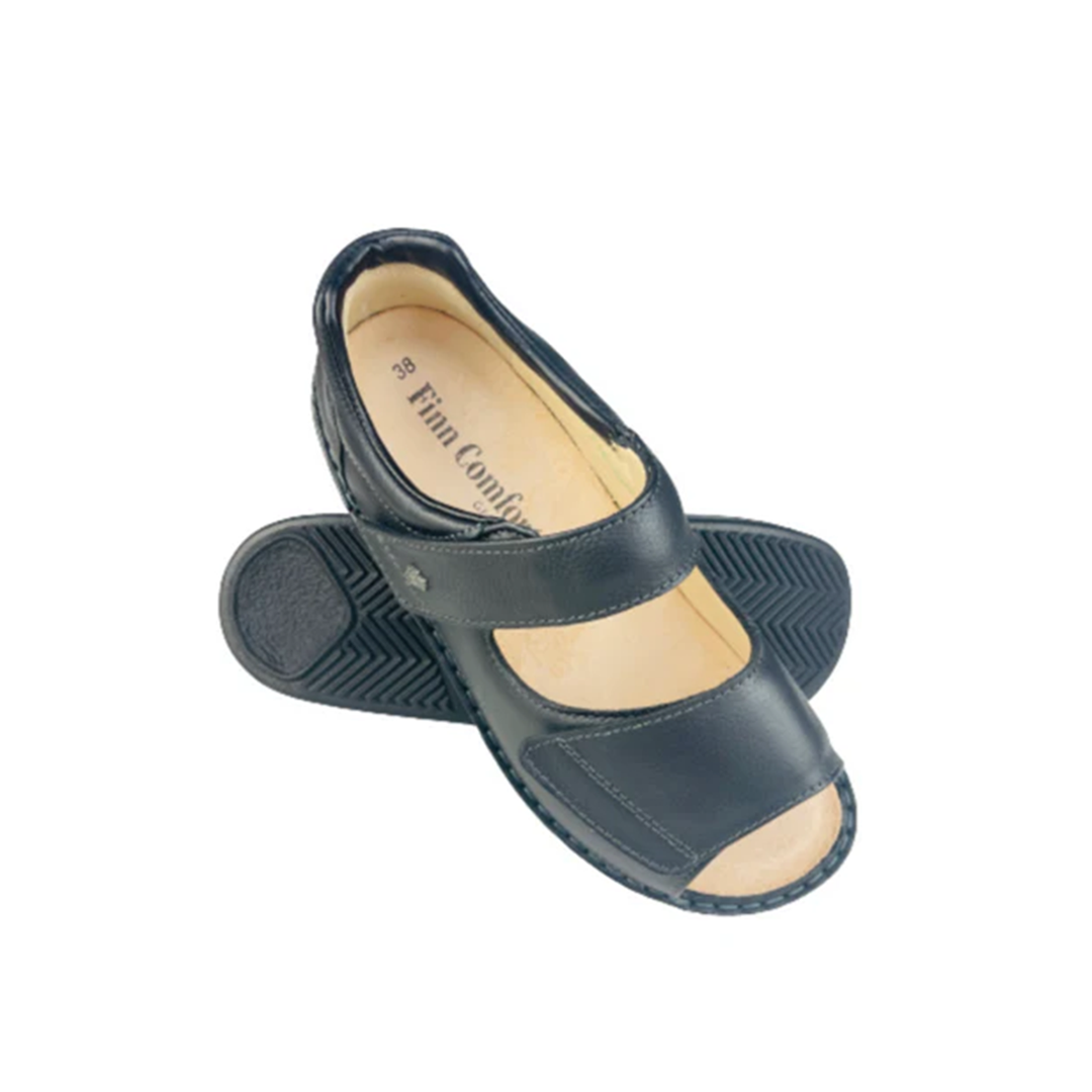 Finn Comfort 96200 Ladies Leather Sandals with 2-Way Adjustable Padded Velcro Straps, Heel Counter for Support, Removable Arch Support Insoles, and Shock Absorbing Footbed. Suitable for Sensitive & Diabetic Feet (Black)