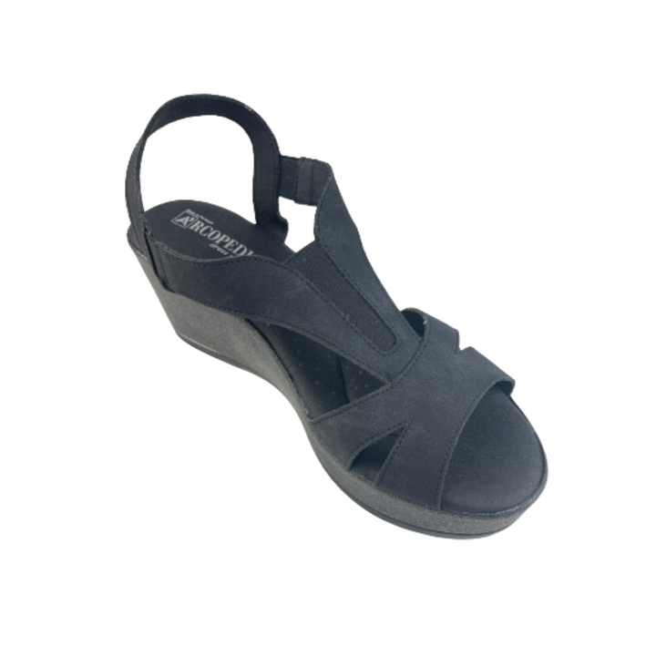 Arcopedico Lytech Hellen Vegan Wedge Sandals With 1-Way Adjustable Strap, Feminine Mesh & Lytech Upper, And Pu Sole With Twin Arch Support. Lightweight 2 Inches Heel, Eco-Friendly & Comfortable Summer Design (Grey And Black)