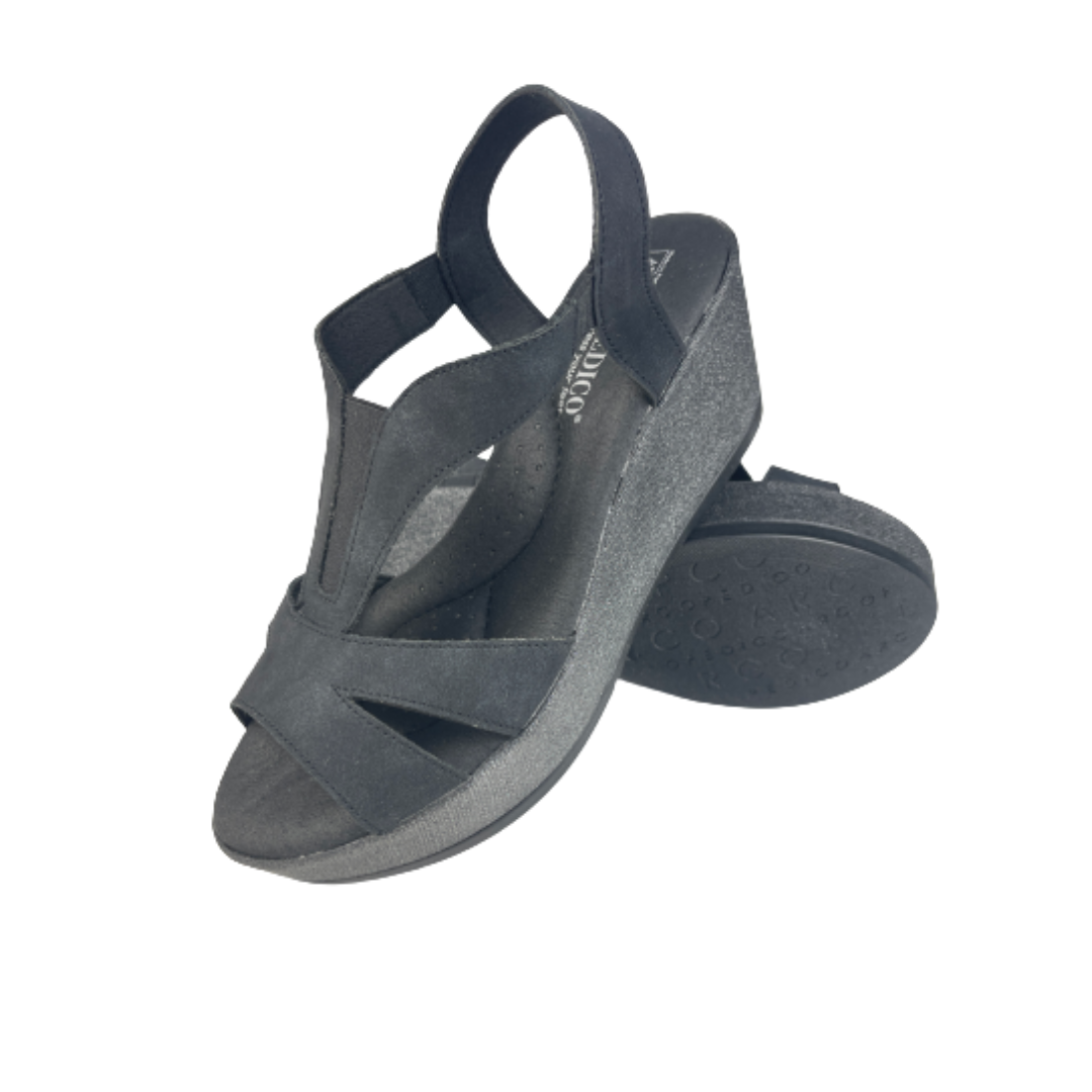 Arcopedico Lytech Hellen Vegan Wedge Sandals With 1-Way Adjustable Strap, Feminine Mesh & Lytech Upper, And Pu Sole With Twin Arch Support. Lightweight 2 Inches Heel, Eco-Friendly & Comfortable Summer Design (Grey And Black)